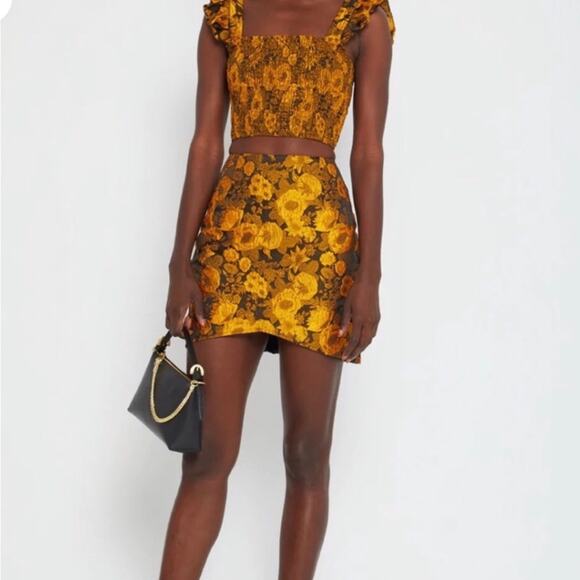 Kourt Tala Crop Top & Mini Skirt NWT NEW Set Size Small Black Yellow Gold Floral - Picture 13 of 14